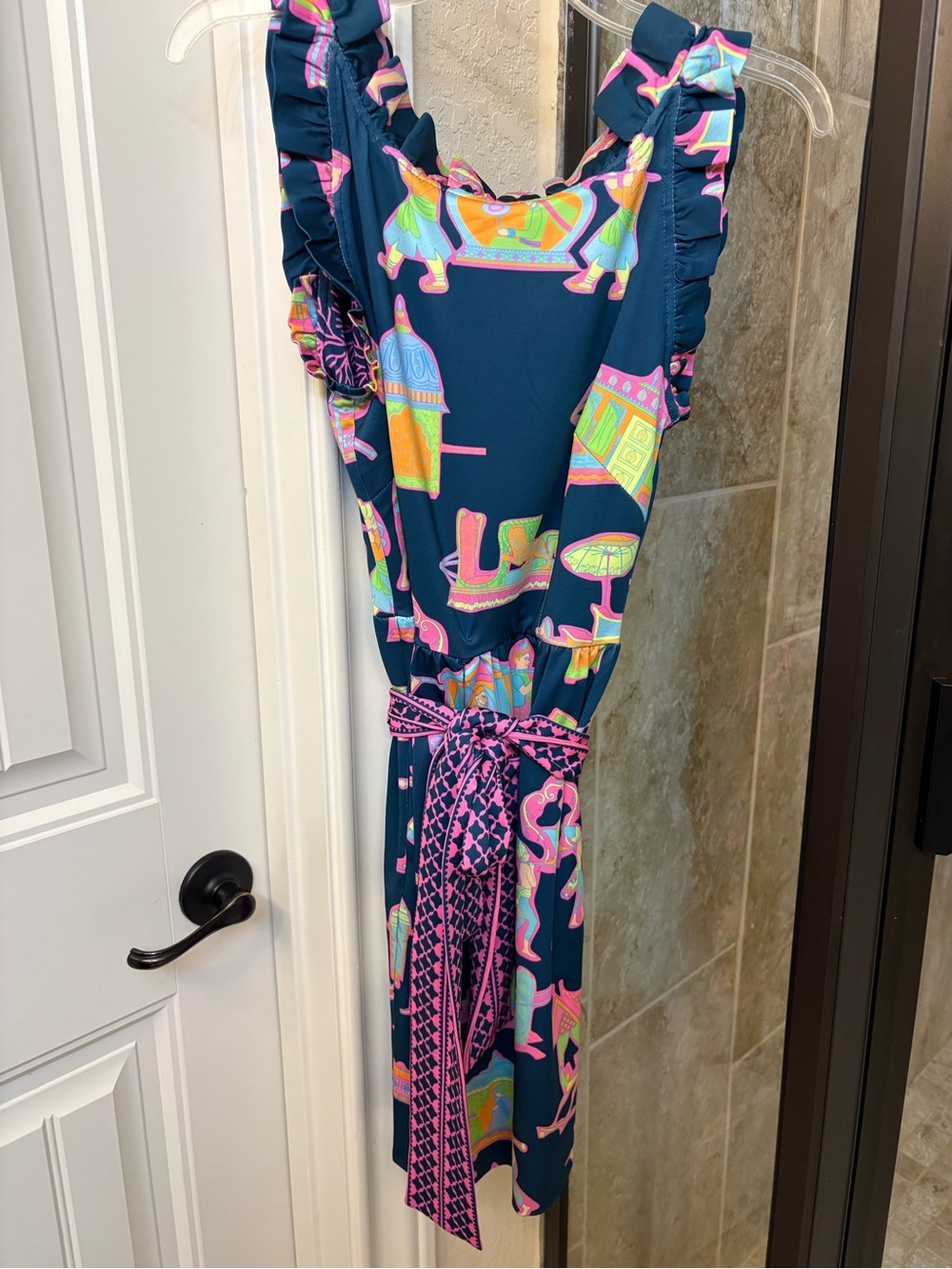Gretchen Scott Designs Navy Dress with Pink, Aqua & Yellow Print